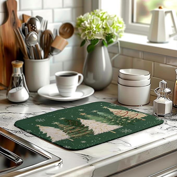 Wnoesat Green Christmas Tree Snowflakes Dish Drying Mat for Kitchen Counter 16x18 Inch Winter Xmas Holiday Dish Rack Mat Absorbent Microfiber Dish Draining Mat Reversible Drainer Pad