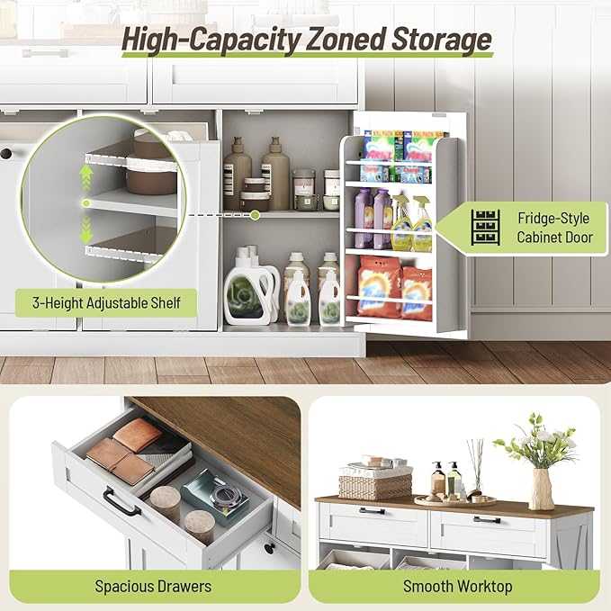 Double Tilt Out Laundry Hamper Cabinet, 43.3" Laundry Storage Cabinet with 2 Removable Baskets, Farmhouse Wooden Hidden Trash Bin Cabinet with Open Shelving, for Bathroom, White and Walnut