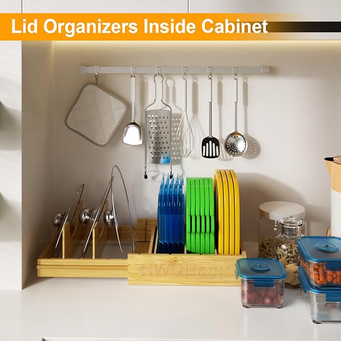 HWQBany Pots and Pans Organizer, Bamboo Expandable Cutting Board Organizers, Adjustable Pot Lids Organizer for Cabinet with 5 Adjustable Dividers for Pots, Pans, Baking Sheets, Cutting Boards, Nature