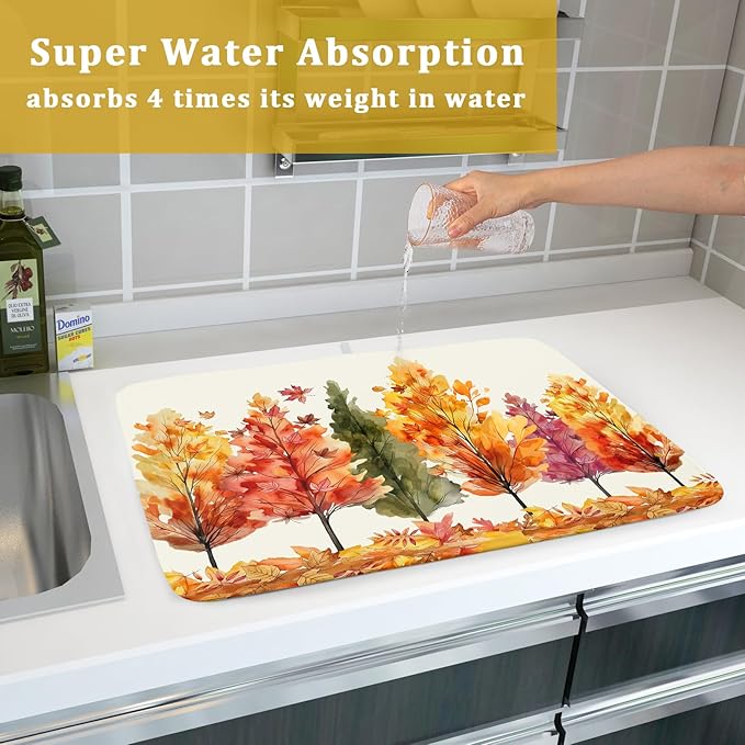 Fall Maple Leaves Dish Drying Mat for Kitchen Counter 24x18 Inch Watercolor Autumn Drying Mat with Absorbent Reversible Microfiber Orange Dish Drainer Mats Rack Pad for Coffee Countertop Protector