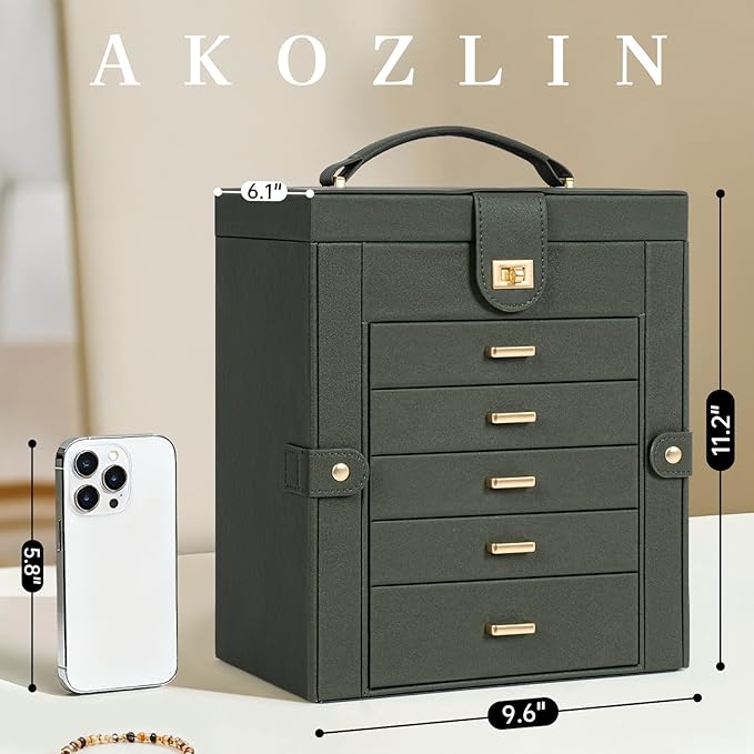 AKOZLIN 6-Tier Jewelry Box Organizer Functional 5 Drawers Leather Jewelry Storage Case for Women Girls Ring Necklace Earring Bracelet Holder Organizer with Mirror Dark Green