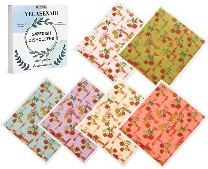 Yelasenari Swedish Dishcloths for Kitchen Reusable 6 Pack Kitchen Towels No Odor Quick-Drying Reusable Paper Towels Reusable Paper Towels Washable for Countertop, Sink, and Kitchen Rose