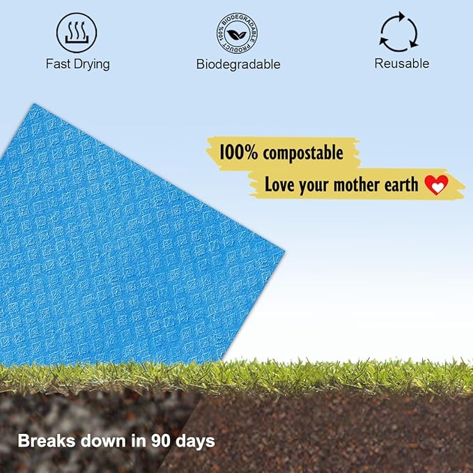 MoLKENE Swedish Dishcloths for Kitchen | 6 Pack Absorbent Cellulose Sponge Cloths Washable | Non-Scratch Reusable Paper Towels Quick Drying Cleaning Cloths - Blue