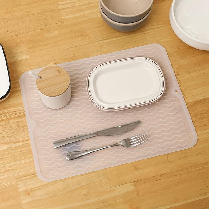 MicoYang Silicone Dish Drying Mat for Multiple Usage,Easy clean,Eco-friendly,Heat-resistant Silicone Mat for Kitchen Counter or Sink,Refrigerator or drawer liner Translucent L 16 inches x 12 inches