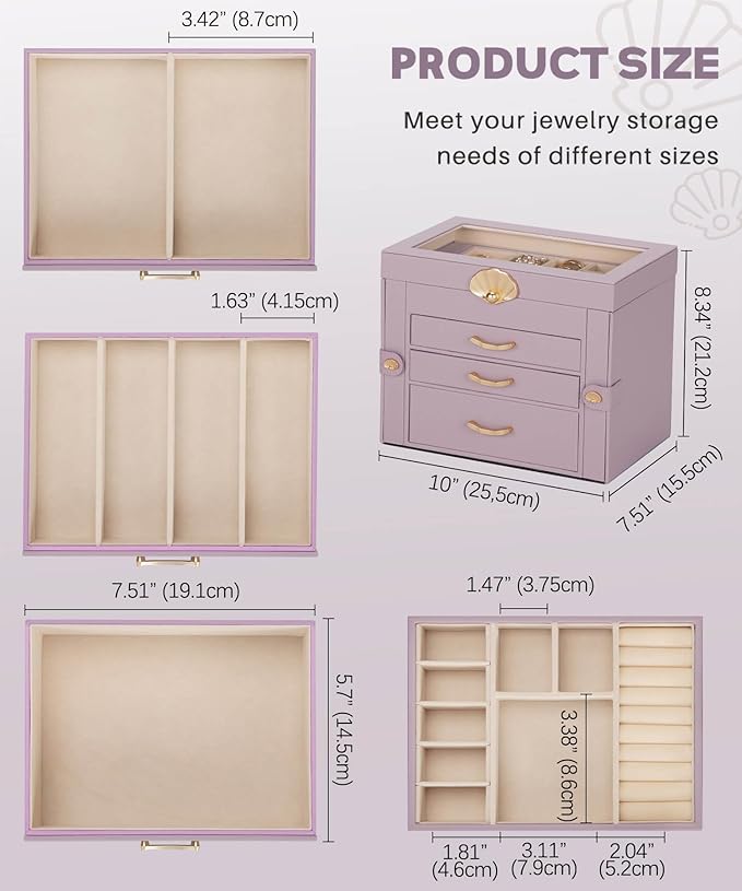 Jewelry Box with 3 Drawers: Display Organizer for Earrings Necklaces - Gifts for Girls Women (Grey Purple)