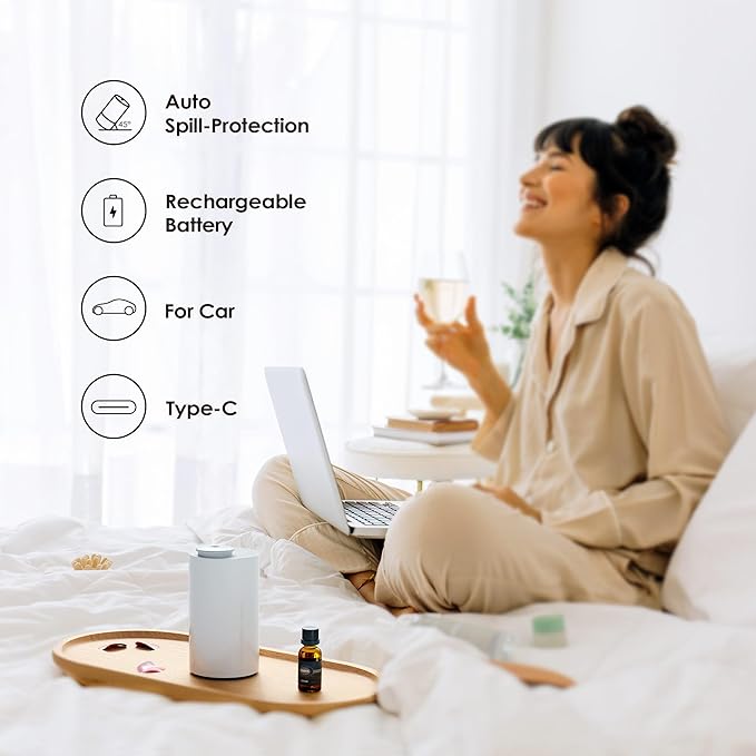 Airversa Waterless Essential Oil Diffuser Starter Kit with 30mL Hotel Fragrance Oil Inspired by Blagio, Battery Operated Car Diffuser, Portable Aroma Nebulizer for Home Car Office, AN6Kit-4, White
