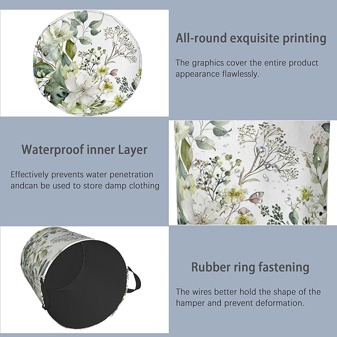 Flowers Plants HerbsLaundry Hamper,Dirty Clothes Laundry Basket with Handles Waterproof Oxford Cloth Storage Basket for College Dorms Bathroom Bedroom 16" x 20.8"