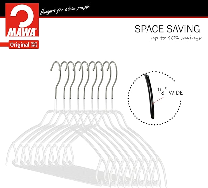 Mawa by Reston Lloyd Silhouette Ultra-Thin Series, Non-Slip Space Saving Shirt Hanger with Pant Bar & Skirt Hooks, Style 42/FTU, White