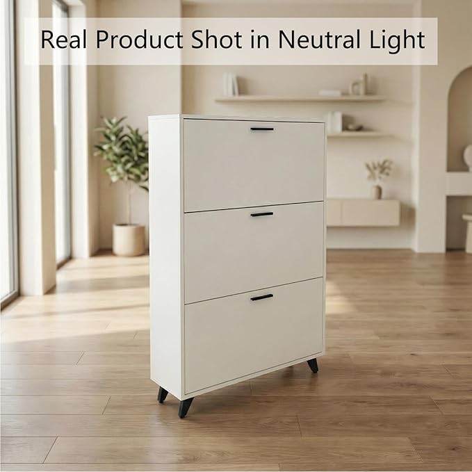 White Shoe Storage Cabinet - Fit up to Size 16, 3 Flip Drawers, Wooden Organizer for Entryway, Closet, Living Room