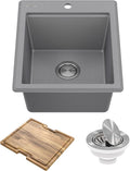 KRAUS Bellucci 18-inch Granite Workstation Drop In Top Mount Single Bowl Kitchen Sink in Metallic Grey with Accessories, KGTW12-18MGR