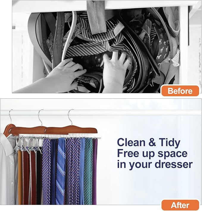 TOPIA HANGER Tie Rack Hanger for Closet, Wooden Tie Organizer for Men with 24 Folding Hooks, Space Saving Necktie Holder for Storage and Display Bra, Tank Top, Camisole (2-Pack), Walnut- CT14WA-2