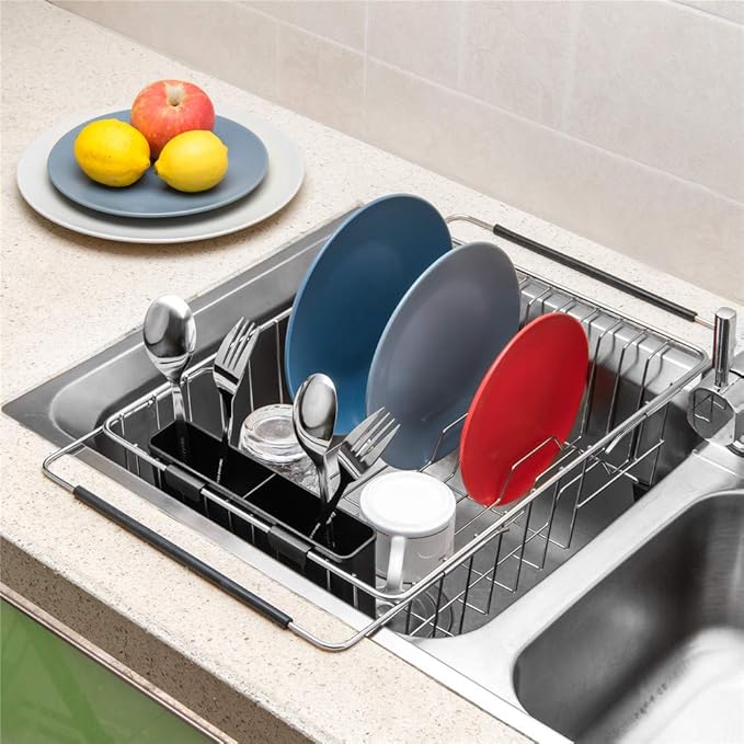SANNO Dish Drying Rack, Large Dish Rack Adjustable Deep Dish Drainer with Removable Silverware Holder, Deep Large Dish Rack in Sink On Counter, Expandable Arms, Stainless Steel