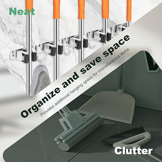 5 Pack Broom Holder Wall Mount 5 Racks 4 Hooks Stainless Steel Broom Mop Holder Anti Slip Storage Rack Strong Load Bearing Waterproof Broom and Mop Organizer Wall Hanging for Bathroom Kitchen Garage