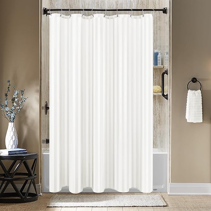 Biscaynebay Fabric Shower Curtain or Liner 72" by 72", Ivory Water Repellent Damask Stripes Bathroom Curtains Machine Washable