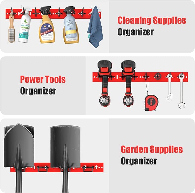 CCCEI 3 Modular Pegboard Strip Storage, Metal Peg Slat Wall Mount for Garage, Basement, Garden, Laundry Room Organization. Flexible Tool Organizer for Rake, Shovels, Crafting. Gifts for Men, Red.