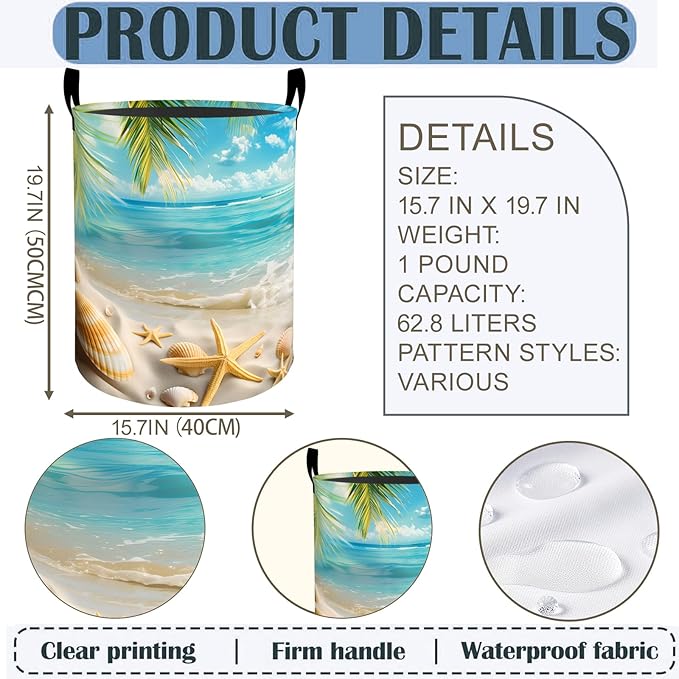 Beach Laundry Basket Hamper 19.7"x15.8", Ocean Starfish Foldable Waterproof Oxford Clothes Storage Bucket for Room Bathroom Bedroom Nursery Decor, Toy Organizer Bins Gifts for Kids Boys Girls