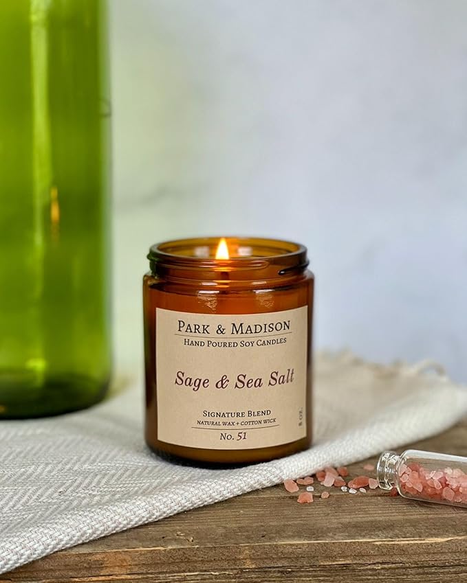 Park & Madison Sea Salt & Vetiver Soy Candle – Refreshing Earthy Scent with Ocean Air, Aquatic Florals & Warm Musk – Eco-Friendly Amber Jar, Non-Toxic, Long-Lasting Scented Candle (8 oz)
