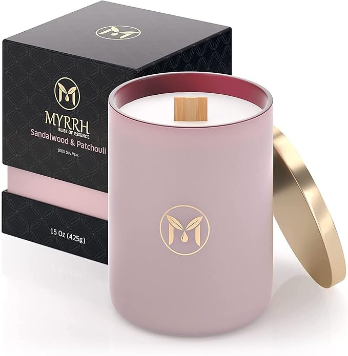 MyrrhUSA Sandalwood Patchouli Scented Candle – 15 oz Natural Soy Wax with Crackling Wooden Wick & Essential Oils, 80 Hour Burn, Luxury Aromatherapy Candle for Relaxation, Home Décor & Gift Purpose