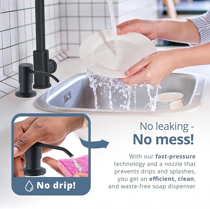 SBEN Built-in Kitchen Sink Soap or Lotion Dispenser Set, Stainless Steel, Matte Black Pump, 17 oz PET Bottle, Durable ABS Head, 360° Rotation (Matte Black)