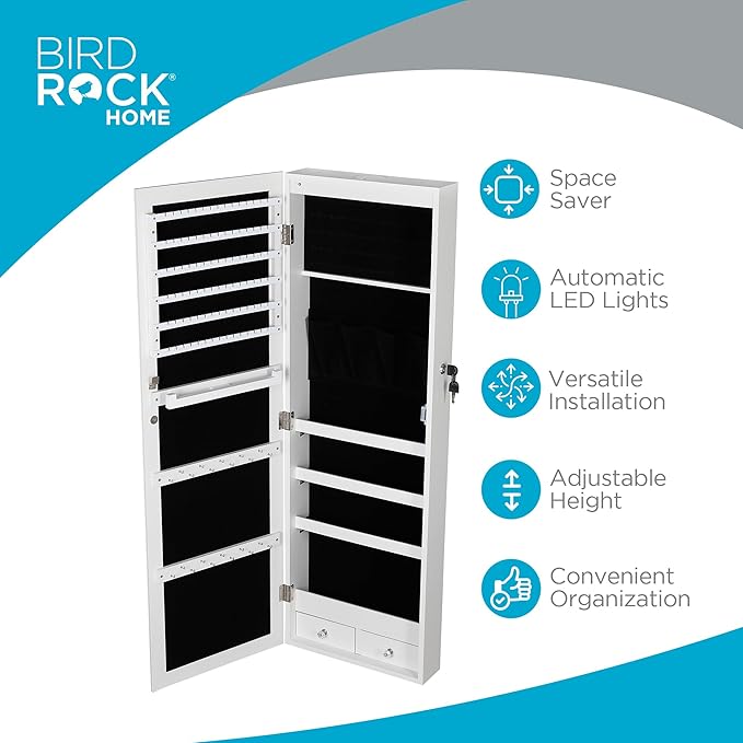 BIRDROCK HOME Hanging Jewelry Organizer - Lockable Storage Cabinet with Body Mirror & LED Lights, Door or Wall Mounted for Closet or Bedroom Dresser, Adjustable Height & Large Capacity - White