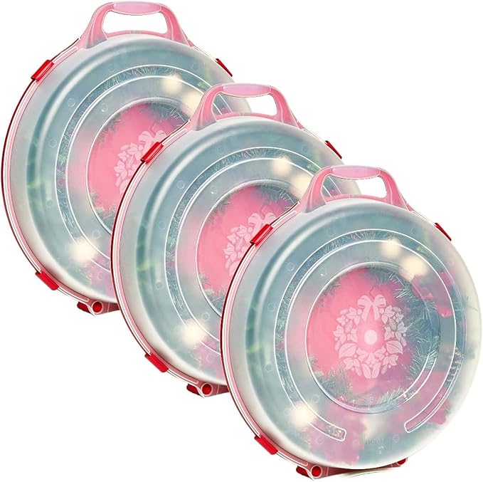 HOMZ 6-Pack Seasonal Holiday, Decorative Wreath Storage Organizer, 24 Inch, Red & Clear - Stackable Plastic Containers for Christmas Ornament Decorations