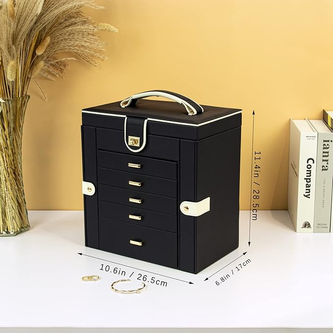 KAMIER Jewelry Box for Women, 6-Layer Large Jewelry Organizer Box with Mirror & 5 Drawers for Rings, Earrings, Necklaces, Bracelets,Black