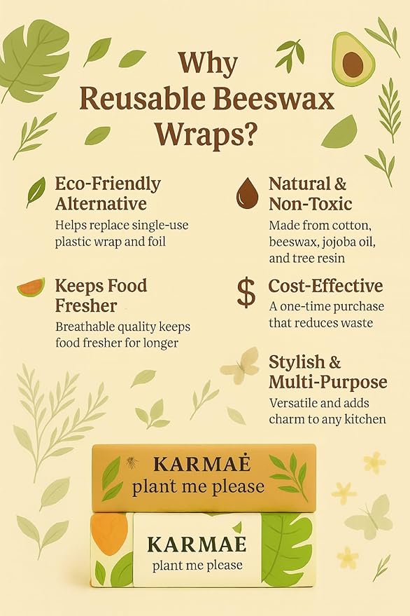 KARMAÉ Reusable Beeswax Food Wraps – 3 Pack & Roll (16.9"-39") | Sustainable Eco-Friendly Wraps for Food Storage | Natural Beeswax Wraps with Seed Paper, Twine & Gift Packaging.