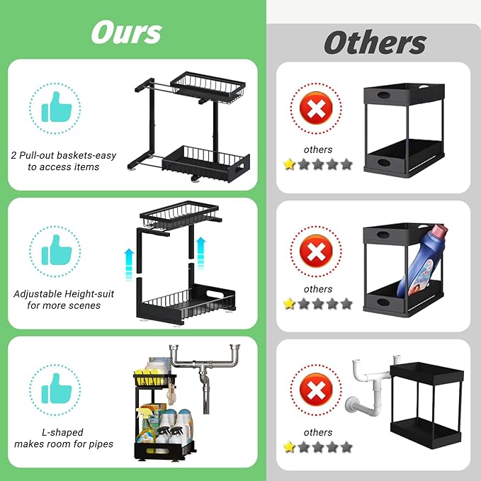 ADBIU Under Sink Organizer(10 Seconds Installation), 2 Packs 2 Tier Expandable Height (11" - 16") Under-Sink Organizers Slide out Pull out Bathroom Kitchen Organizers And Storage