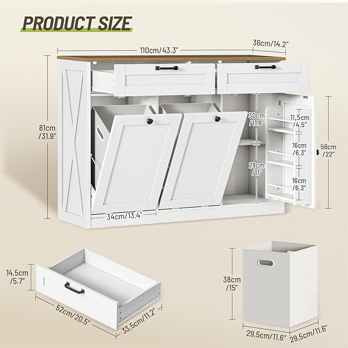 Double Tilt Out Laundry Hamper Cabinet, 43.3" Laundry Storage Cabinet with 2 Removable Baskets, Farmhouse Wooden Hidden Trash Bin Cabinet with Open Shelving, for Bathroom, White and Walnut