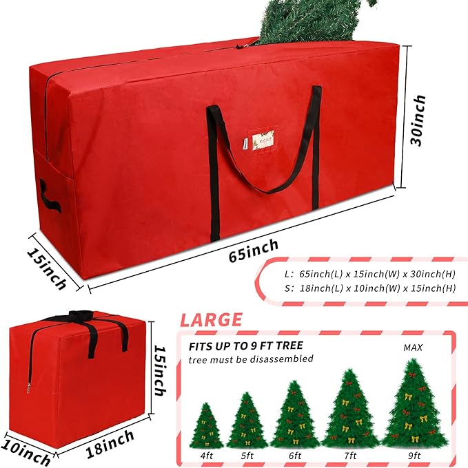 Christmas Tree Storage Bag 9ft (3pc Set), Fits Up to 9 Foot Artificial Trees, 600D Oxford Tear-proof Xmas Tree Bag, Reinforced Handles & Zippered & Durable, Holiday Decoration Storage Bags, Red