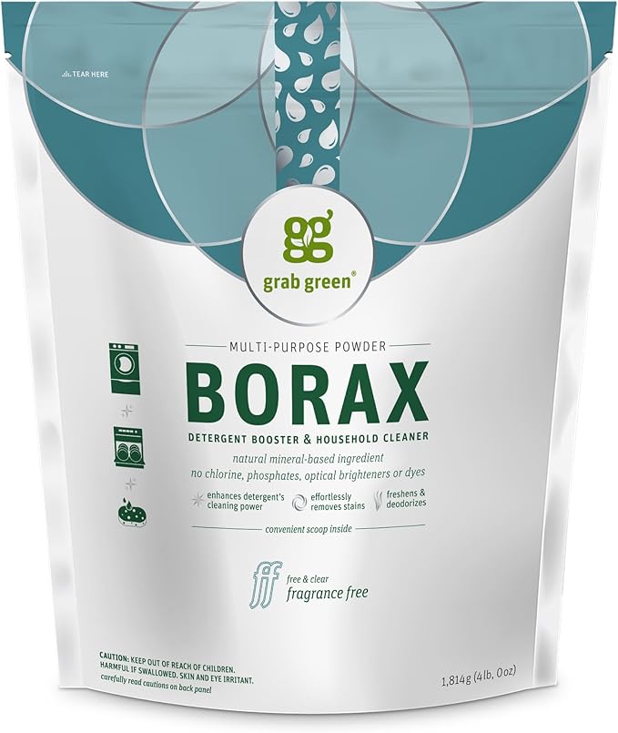 Grab Green Borax Natural Laundry Detergent Booster and Household Multipurpose Cleaning Powder, 4 lbs, Superior Cleaning Power, Plant and Mineral Based