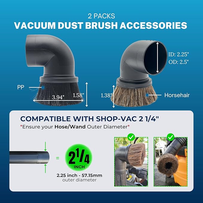 2PACK Horse Hair & Plastic Bristles Brushes for Shop Vac 2-1/2'' - Vacuum Accessories for Shop Vac 2-1/4'' Compatible with Rigid Shop-Vac VacMaster Craftman, Vacuum Attachments for Car Detailing