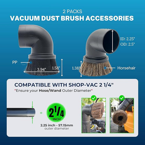 2PACK Horse Hair & Plastic Bristles Brushes for Shop Vac 2-1/2'' - Vacuum Accessories for Shop Vac 2-1/4'' Compatible with Rigid Shop-Vac VacMaster Craftman, Vacuum Attachments for Car Detailing