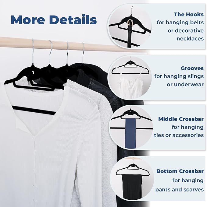 Limogoo Black Velvet Hangers 50 Pack, Felt Covered Non Slip Fabric with Stackable Cascading Hook, Ultra Thin and Space Saving with 360° Swivel Neck, 15Lbs Capacity for Clothes, Suit, Shirt, Coat