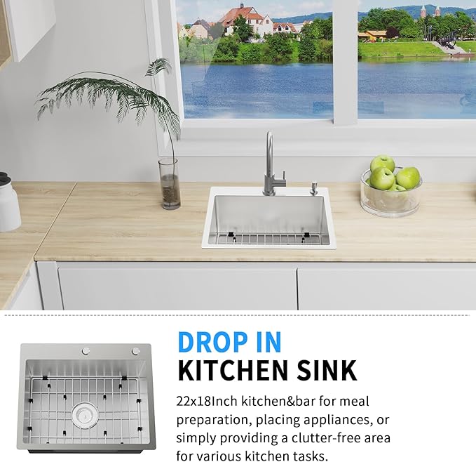 22x18 Inch Kitchen And Bar Sink - Stainless Steel Drop In Small Single Bowl Kitchen Sink With Bottom Grid,Soap Mat And Drain Assembly Set