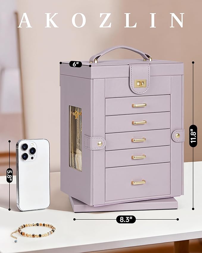AKOZLIN 360° Rotating Jewelry Box 6-Tier Organizer Functional Jewelry Storage Case for Women Girls Ring Necklace Earring Bracelet Holder with Mirror Purple