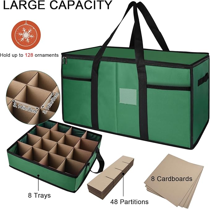 Christmas Ornament Storage Box with Dividers, Christmas Balls Storage Containers with Zipper & 8 Removable Trays, Holds Up to 128 Balls - 600D Oxford Christmas Decoration Storage Organizer (Green)
