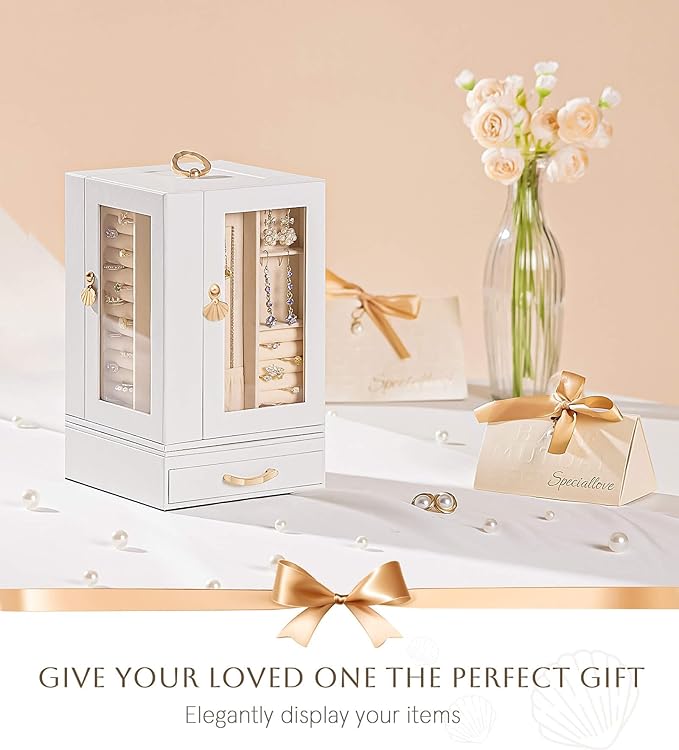 Jewelry Box large for Dresser: Women Necklace Ring Storage Organizer with Compartments - Elegant Earring Holder Display (White)