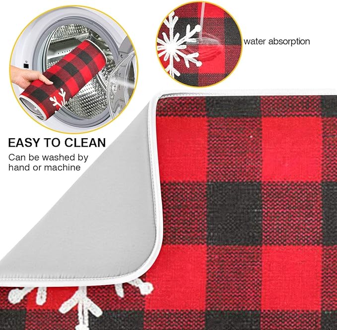 Christmas Red Plaid Snow Snowflake Dish Drying Mat 16x18 inch Red Black Lattice Texture Dish Drainer Kitchen Counter Mats Bottles Dish Dry Pad Protector for Kitchen Countertops
