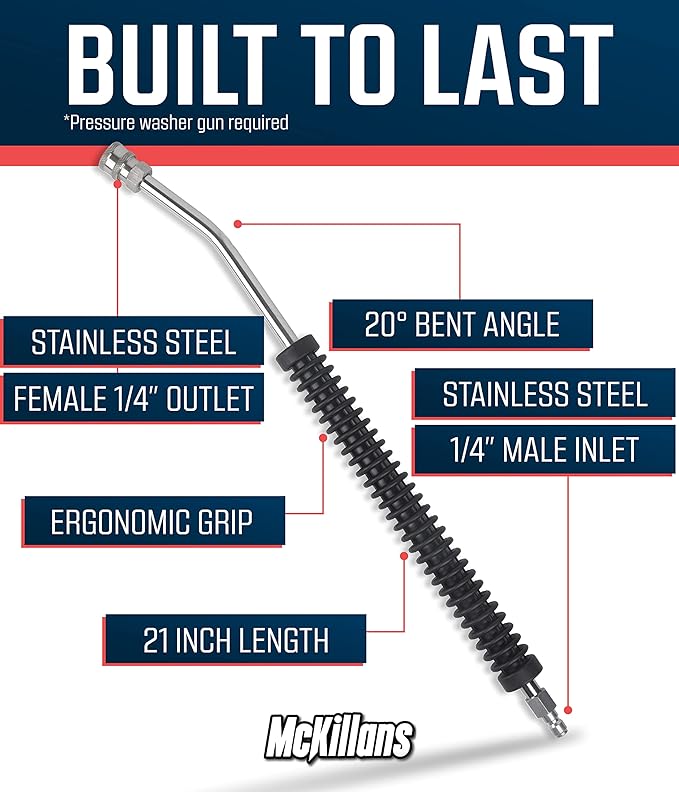 McKillans® Car Pressure Washer Extension Wand - Power Washer Wand Extension for Car Wash - Short Pressure Washer Wand Replacement - Pressure Washer Accessories & Attachments - 1/4” Quick Connect Plug
