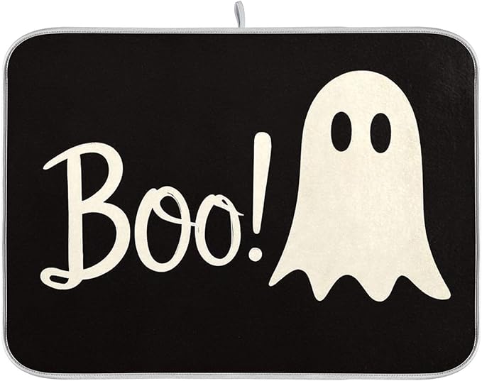 Halloween Ghost Boo Dish Drying Mat for Kitchen Countertop 16x18 Spooky Black Small Drying Mat Reusable Quick Dry Dish Sink Mats Easy Clean Decorative Essentials