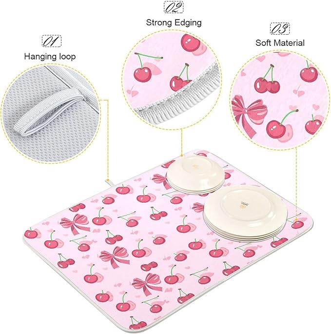 Pink Bow Bowknot Dish Drying Mat for Kitchen Countertop 18x24 Rectangle Large Drying Mat Reusable Quick Dry Dish Sink Absorbent Mats Dishwasher Easy Clean Decorative Home Decor Essentials
