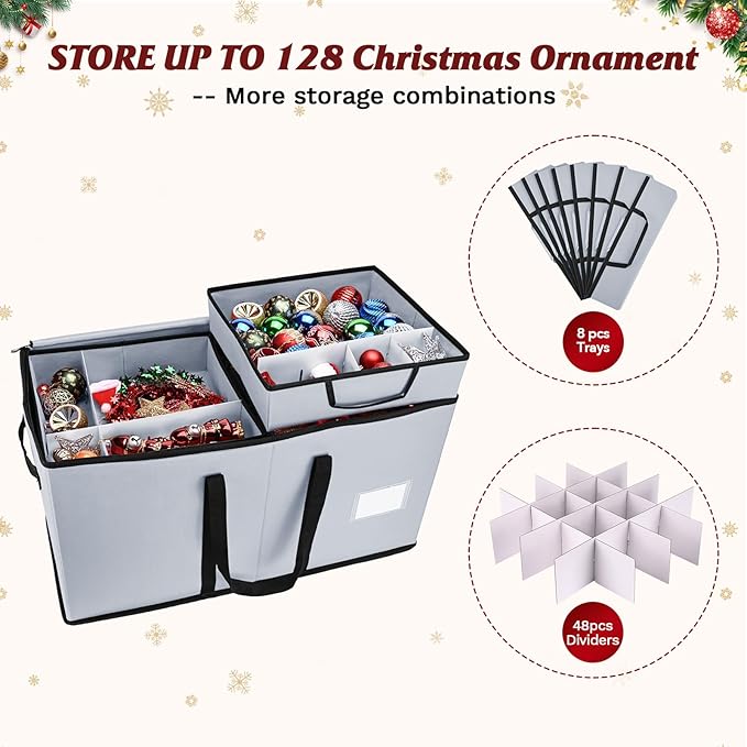 Christmas Ornament Storage Box, Ornament Storage Organizer Fits 128 of 3 inch Ornament Balls, 8 Removable Tray Ornaments Storage Containers with Dividers to Store Xmas Holiday Decor(Grey)