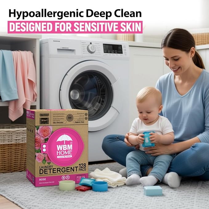 WBM 10-in-1 Laundry Pods, Total 128 Count, High Efficiency, Ultra Concentrate with Powerful Stain Lifter Technology, Fabric Softener With Rose Extracts, Detergent Pods