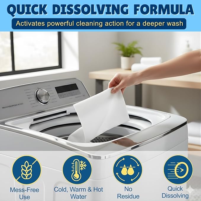Eco-Friendly Laundry Detergent Sheets, 100 Loads (50 Sheets) Fragrance Free, Gentle & Concentrated Washer Sheet Detergent, Plastic-Free Laundry Sheet for Travel and Home