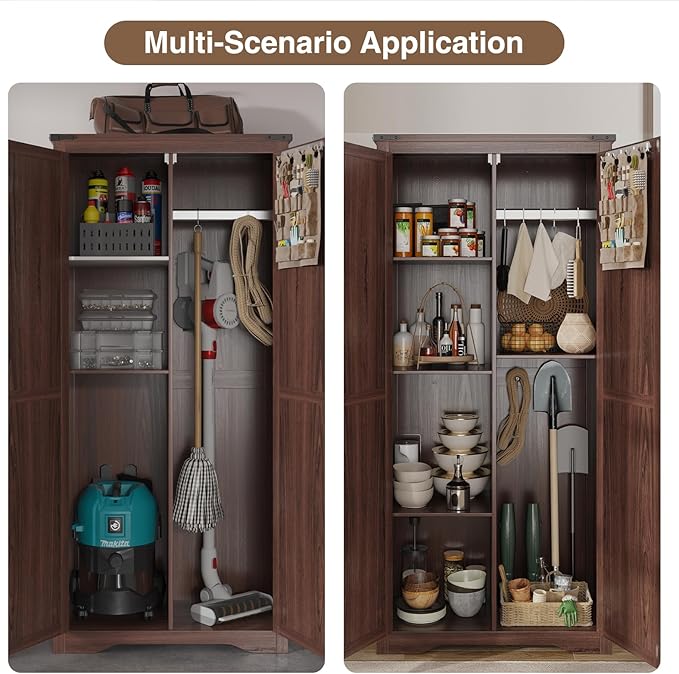 Farmhouse Storage Cabinet with Adjustable Shelves, Large Pantry Organize with 2 Barn Doors, Tall Freestanding Cabinet for Kitchen, Bathroom, Garage, Basement, Living, Utility Room, Brown | Adjustable Shelves, Large Pantry, 2 Barn Doors