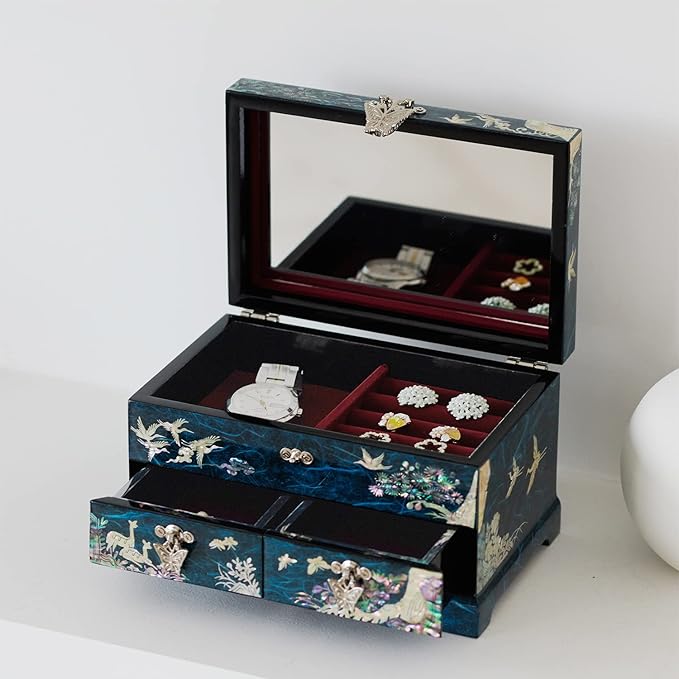 MADDesign Mother of Pearl Lacquered Jewelry Box Two Level Cranes Blue