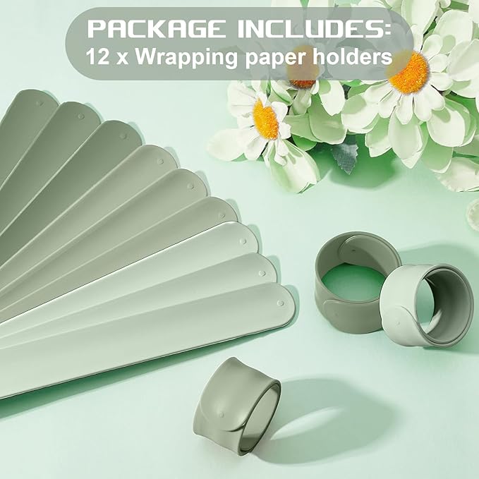 Charniol 12 Pieces Wrapping Paper Roll Holder Holiday Flip Wraps Silicone Covered Metal Strips Flip 1 x 9 Inch Stabilizer Slap Band for Poster Gift Paper Vinyl Storage Organize (Green)