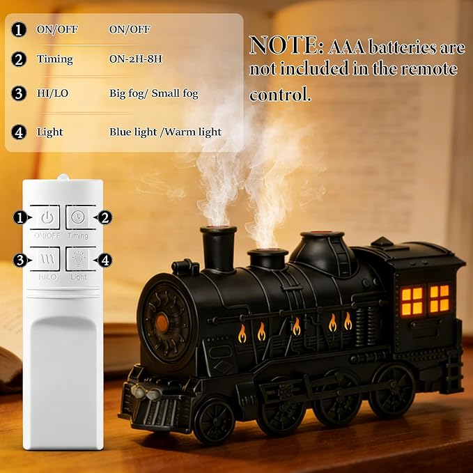 Train Diffuser 300ML Essential Oil Diffuser Cool Mist Humidifier Aroma Diffuser,2 Color Light 2 Mist Modes,3-in-1 Vintage Steam Train Diffuser Humidifier with Remote Control,Home Decor & Gift (Black)