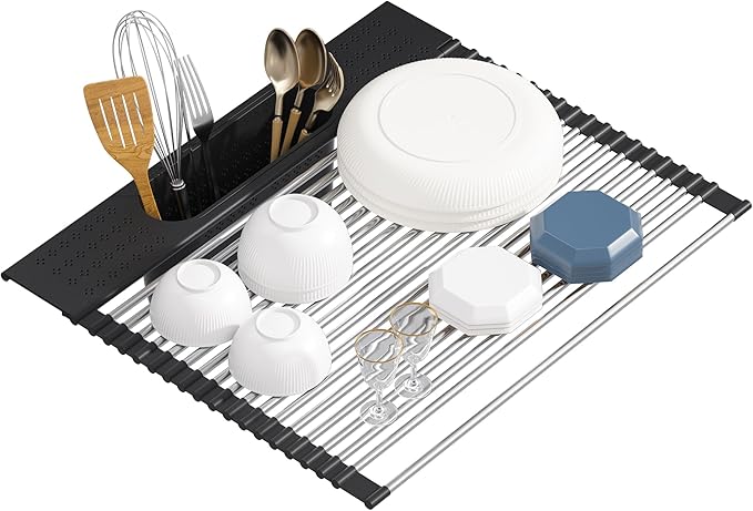 KEGFRES Roll Up Dish Drying Rack Over Sink, 17.5" x 15.2" Foldable SUS304 Stainless Steel Kitchen Dish Drainer, Heat-Resistant Multipurpose Rolling Sink Rack Organizer,Black